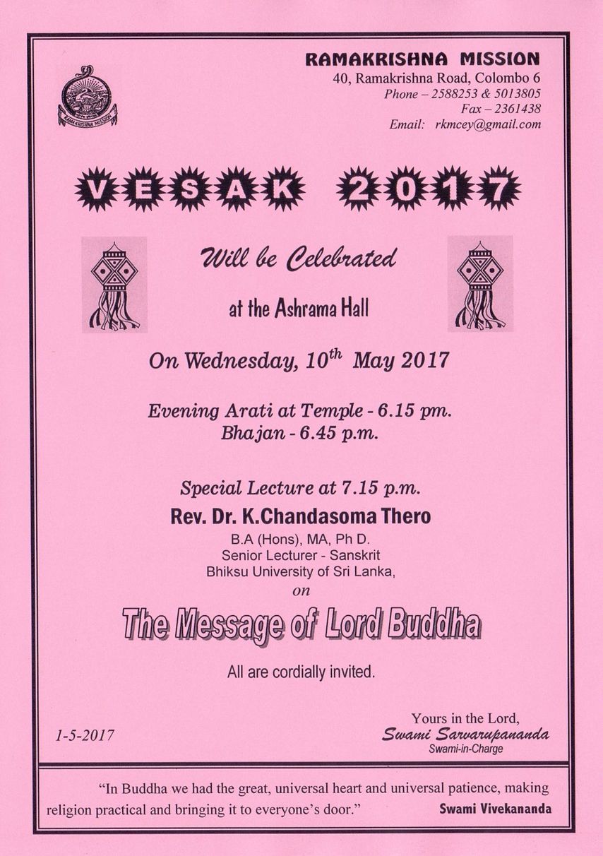 Vesak Celebration on 10-5-2017 at Ramakrishna Mission, Colombo 6